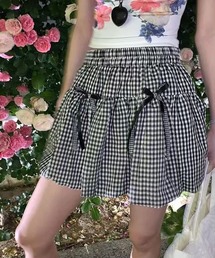 リボン付きギンガムチェックバルーンスカートパンツ