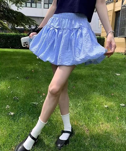 WEGO(ウィゴー)の「リボン付きギンガムチェックバルーンスカートパンツ(スカート・レディース・ブラック/ブルー・MEDIUM/LARGE)」の5枚目の写真