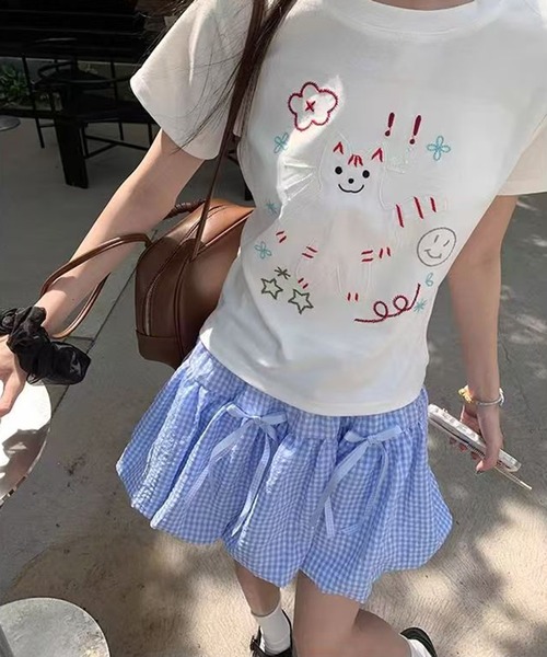 WEGO(ウィゴー)の「リボン付きギンガムチェックバルーンスカートパンツ(スカート・レディース・ブラック/ブルー・MEDIUM/LARGE)」の3枚目の写真