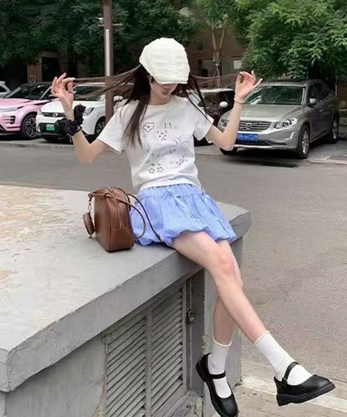 WEGO(ウィゴー)の「リボン付きギンガムチェックバルーンスカートパンツ(スカート・レディース・ブラック/ブルー・MEDIUM/LARGE)」の9枚目の写真