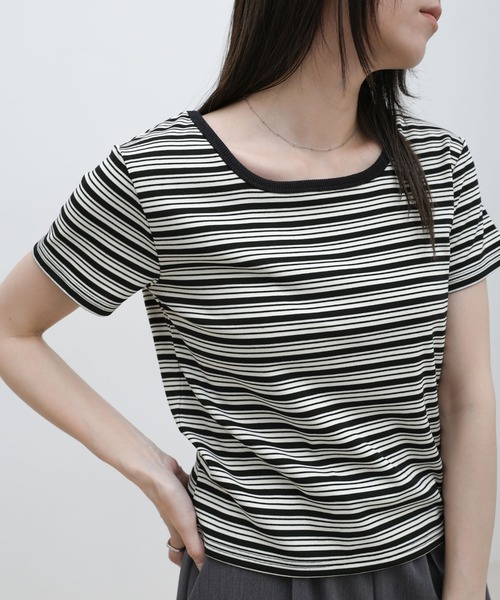 select MOCA(セレクトモカ)の「2WAYドライタッチマルチボーダーコンパクトTシャツ(Tシャツ/カットソー・レディース・ブラウン/グレー/ブラック・FREE)」の2枚目の写真