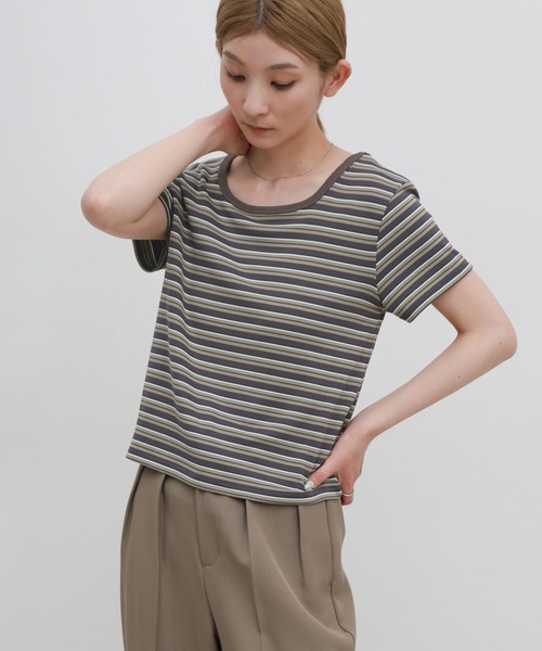 select MOCA(セレクトモカ)の「2WAYドライタッチマルチボーダーコンパクトTシャツ(Tシャツ/カットソー・レディース・ブラウン/グレー/ブラック・FREE)」の10枚目の写真