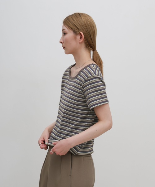 select MOCA(セレクトモカ)の「2WAYドライタッチマルチボーダーコンパクトTシャツ(Tシャツ/カットソー・レディース・ブラウン/グレー/ブラック・FREE)」の14枚目の写真