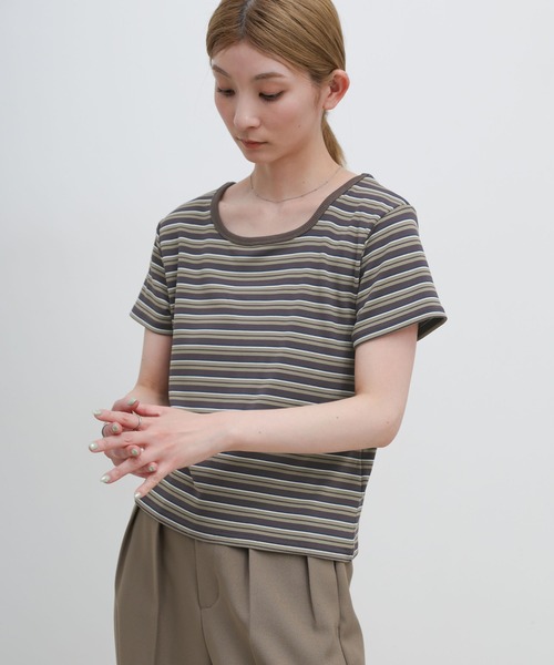 select MOCA(セレクトモカ)の「2WAYドライタッチマルチボーダーコンパクトTシャツ(Tシャツ/カットソー・レディース・ブラウン/グレー/ブラック・FREE)」の13枚目の写真