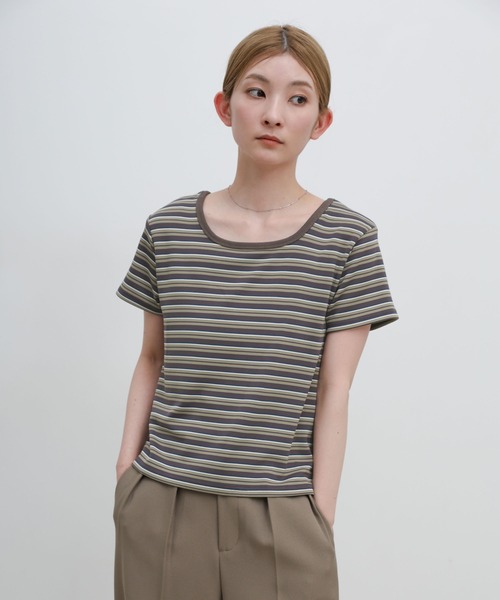 select MOCA(セレクトモカ)の「2WAYドライタッチマルチボーダーコンパクトTシャツ(Tシャツ/カットソー・レディース・ブラウン/グレー/ブラック・FREE)」の7枚目の写真