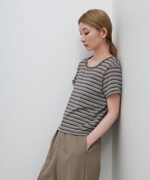 select MOCA(セレクトモカ)の「2WAYドライタッチマルチボーダーコンパクトTシャツ(Tシャツ/カットソー・レディース・ブラウン/グレー/ブラック・FREE)」の8枚目の写真
