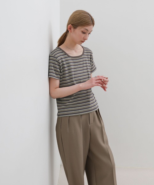 select MOCA(セレクトモカ)の「2WAYドライタッチマルチボーダーコンパクトTシャツ(Tシャツ/カットソー・レディース・ブラウン/グレー/ブラック・FREE)」の12枚目の写真