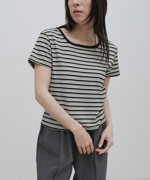 select MOCA(セレクトモカ)の「2WAYドライタッチマルチボーダーコンパクトTシャツ(Tシャツ/カットソー・レディース・ブラウン/グレー/ブラック・FREE)」の17枚目の写真