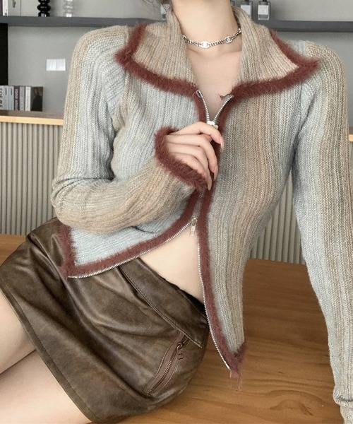 MEMECLE(メメクル)の「【 MEMECLE / メメクル 】配色シャギーダブルジップニットカーディガン(カーディガン/ボレロ・レディース・グレー/グリーン・FREE)」の16枚目の写真
