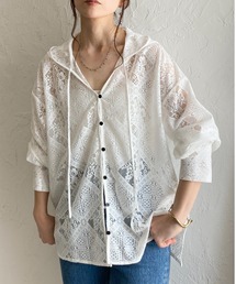 フード付き オーバーサイズ 長袖 シアー レース シャツ ブラウス