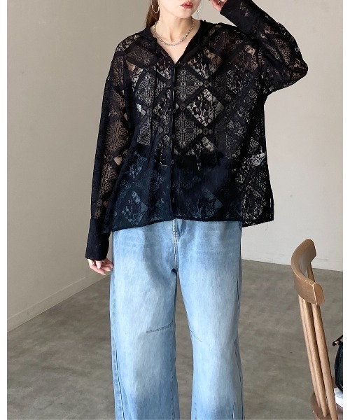 She's Closet(シーズクローゼット)の「フード付き オーバーサイズ 長袖 シアー レース シャツ ブラウス(シャツ/ブラウス・レディース・アイボリー/ブラック/ホワイト・FREE)」の7枚目の写真