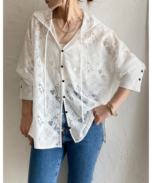 She's Closet(シーズクローゼット)の「フード付き オーバーサイズ 長袖 シアー レース シャツ ブラウス(シャツ/ブラウス・レディース・アイボリー/ブラック/ホワイト・FREE)」の15枚目の写真