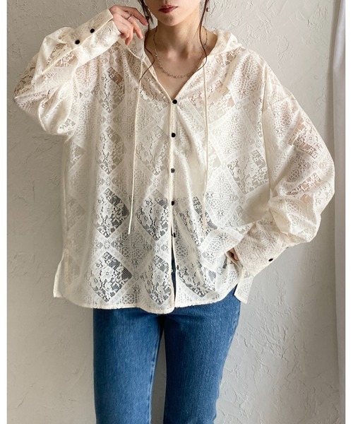 She's Closet(シーズクローゼット)の「フード付き オーバーサイズ 長袖 シアー レース シャツ ブラウス(シャツ/ブラウス・レディース・アイボリー/ブラック/ホワイト・FREE)」の16枚目の写真