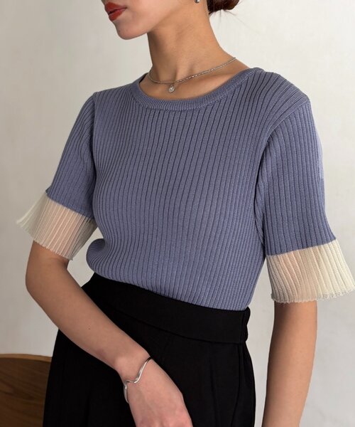 Chez toi（シェトワ）の「袖先シアーリブニット（ニット/セーター・レディース・ベージュ/ブルー/ブラック・FREE）」の11枚目の写真