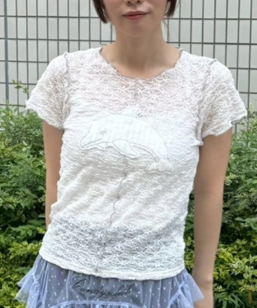 Candy Stripper(キャンディストリッパー)の「SLEEPY DOLPHIN LACE Tシャツ(Tシャツ/カットソー・レディース・ブラック/ライトブルー/オフホワイト・FREE)」の2枚目の写真