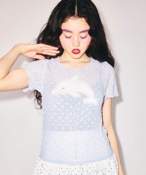 Candy Stripper(キャンディストリッパー)の「SLEEPY DOLPHIN LACE Tシャツ(Tシャツ/カットソー・レディース・ブラック/ライトブルー/オフホワイト・FREE)」の3枚目の写真