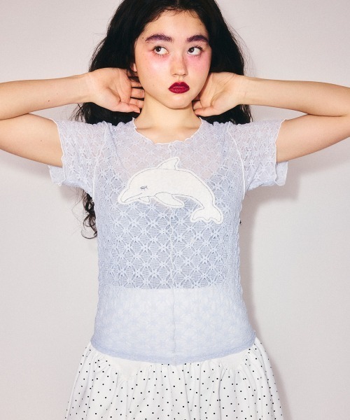Candy Stripper(キャンディストリッパー)の「SLEEPY DOLPHIN LACE Tシャツ(Tシャツ/カットソー・レディース・ブラック/ライトブルー/オフホワイト・FREE)」の9枚目の写真