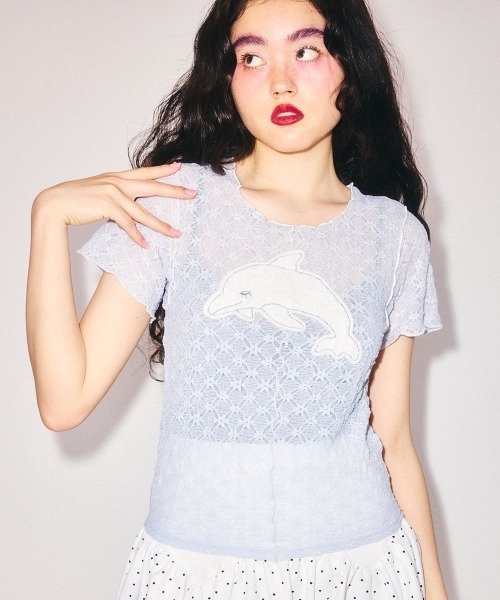 Candy Stripper(キャンディストリッパー)の「SLEEPY DOLPHIN LACE Tシャツ(Tシャツ/カットソー・レディース・ブラック/ライトブルー/オフホワイト・FREE)」の10枚目の写真