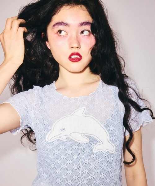 Candy Stripper(キャンディストリッパー)の「SLEEPY DOLPHIN LACE Tシャツ(Tシャツ/カットソー・レディース・ブラック/ライトブルー/オフホワイト・FREE)」の12枚目の写真