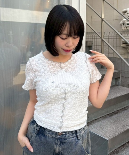 Candy Stripper(キャンディストリッパー)の「SLEEPY DOLPHIN LACE Tシャツ(Tシャツ/カットソー・レディース・ブラック/ライトブルー/オフホワイト・FREE)」の14枚目の写真