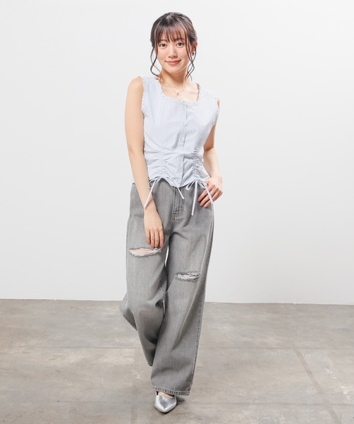 Honeys（ハニーズ）の「ドロストブラウス（シャツ/ブラウス・レディース・ホワイト×イエロー/ホワイト×ブルー/ホワイト/サックスブルー・L/M/S）」の12枚目の写真