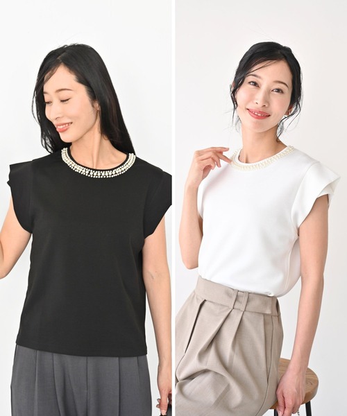 Ehre style(エーレスタイル)の「首元パールで お顔 映え服 立体袖Tシャツ(Tシャツ/カットソー・レディース・ホワイト/ブラック・FREE)」の8枚目の写真