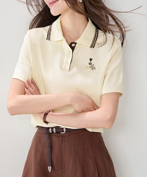 ONEP STAR(ワンピスター)の「刺繍入り配色ステッチ半袖ポロシャツ(ポロシャツ・レディース・ベージュ・LARGE/X-LARGE/MEDIUM)」の8枚目の写真