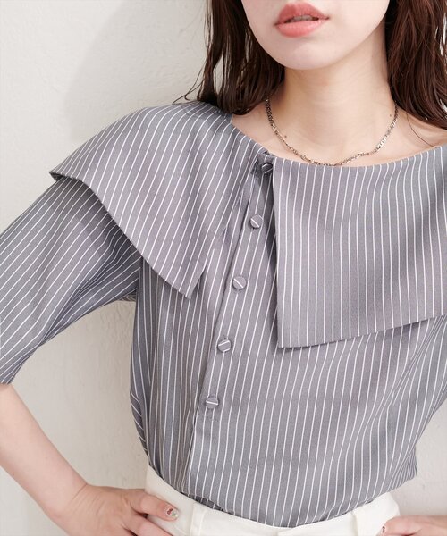 natural couture(ナチュラルクチュール)の「接触冷感マシンウォッシャブル防シワアシメネック半袖ブラウス(Tシャツ/カットソー・レディース・ピンク/その他2/その他1/ネイビー/サックスブルー・FREE)」の5枚目の写真
