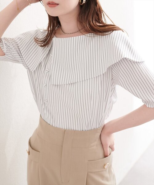 natural couture(ナチュラルクチュール)の「接触冷感マシンウォッシャブル防シワアシメネック半袖ブラウス(Tシャツ/カットソー・レディース・ピンク/その他2/その他1/ネイビー/サックスブルー・FREE)」の6枚目の写真