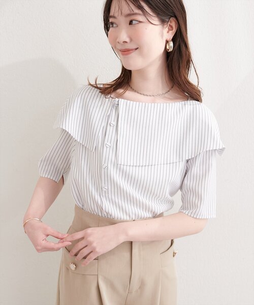 natural couture(ナチュラルクチュール)の「接触冷感マシンウォッシャブル防シワアシメネック半袖ブラウス(Tシャツ/カットソー・レディース・ピンク/その他2/その他1/ネイビー/サックスブルー・FREE)」の7枚目の写真