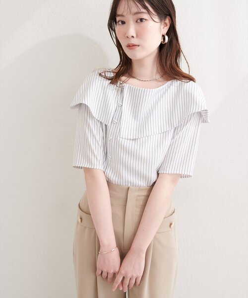 natural couture(ナチュラルクチュール)の「接触冷感マシンウォッシャブル防シワアシメネック半袖ブラウス(Tシャツ/カットソー・レディース・ピンク/その他2/その他1/ネイビー/サックスブルー・FREE)」の8枚目の写真