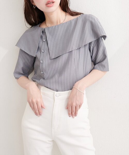 natural couture(ナチュラルクチュール)の「接触冷感マシンウォッシャブル防シワアシメネック半袖ブラウス(Tシャツ/カットソー・レディース・ピンク/その他2/その他1/ネイビー/サックスブルー・FREE)」の18枚目の写真