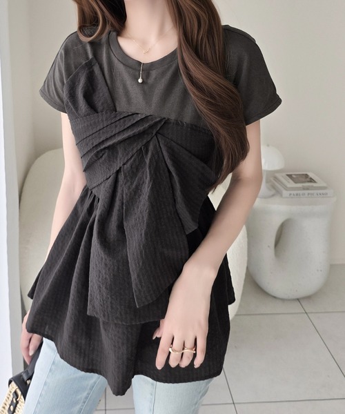 mily bilet(ミウィビレット)の「【mily bilet】忙しい朝も悩まない、初夏の一軍トップス。リボンビスチェドッキングTシャツ (半袖)(Tシャツ/カットソー・レディース・ブラック/グレー/チャコール・MEDIUM/X-LARGE/LARGE/SMALL)」の12枚目の写真