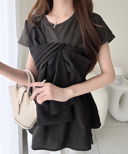 mily bilet(ミウィビレット)の「【mily bilet】忙しい朝も悩まない、初夏の一軍トップス。リボンビスチェドッキングTシャツ (半袖)(Tシャツ/カットソー・レディース・ブラック/グレー/チャコール・MEDIUM/X-LARGE/LARGE/SMALL)」の13枚目の写真