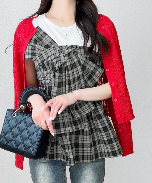 mily bilet(ミウィビレット)の「【mily bilet】忙しい朝も悩まない、初夏の一軍トップス。リボンビスチェドッキングTシャツ (半袖)(Tシャツ/カットソー・レディース・ブラック/グレー/チャコール・MEDIUM/X-LARGE/LARGE/SMALL)」の19枚目の写真