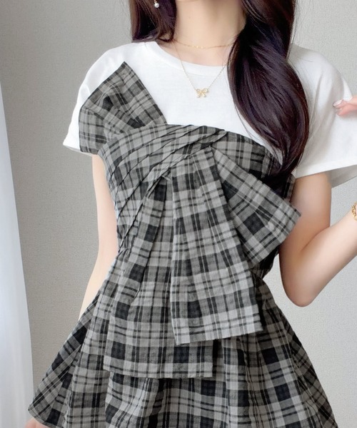 mily bilet(ミウィビレット)の「【mily bilet】忙しい朝も悩まない、初夏の一軍トップス。リボンビスチェドッキングTシャツ (半袖)(Tシャツ/カットソー・レディース・ブラック/グレー/チャコール・MEDIUM/X-LARGE/LARGE/SMALL)」の17枚目の写真