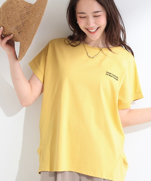SHOO・LA・RUE(シューラルー)の「【汗じみ防止/ひんやり/S-LL】インせず着られる 刺繍ロゴTシャツ(Tシャツ/カットソー・レディース・ホワイト/ブルー/ダークグレー/ブラック/ブラウン系その他/イエロー系その他・02/01/04/03)」の6枚目の写真