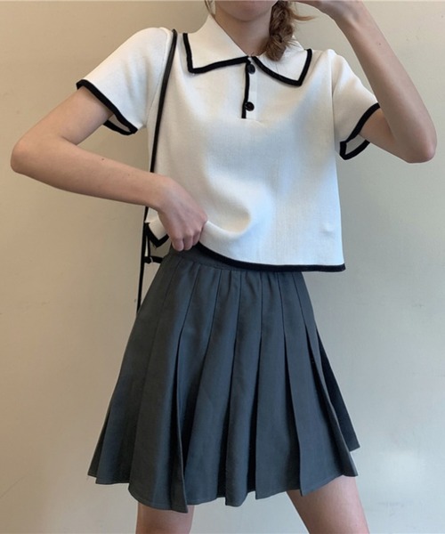 shyam inspiration(シャムインスピレーション)の「2026年新作/バイカラークロップド半袖ポロニット/サマーニット(ポロシャツ・レディース・ホワイト/ブラック/グリーン/ピンク・F)」の21枚目の写真