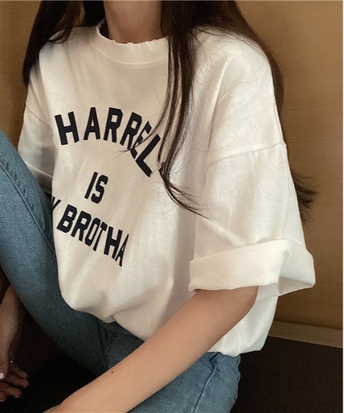 center i（センターアイ）の「カレッジロゴオーバーサイズTシャツ 夏用半袖トップス（Tシャツ/カットソー・レディース・ネイビー/ピンク/グレー/ホワイト・FREE）」の6枚目の写真