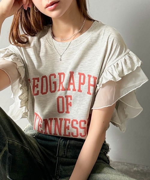 2ly2(トゥーリートゥー)の「フリルスリーブロゴTシャツ レディース カジュアルトップス(Tシャツ/カットソー・レディース・グレー/イエロー/ホワイト・FREE)」の2枚目の写真
