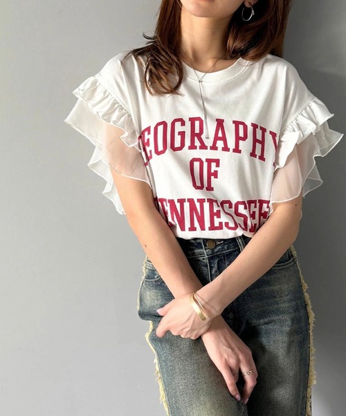 2ly2(トゥーリートゥー)の「フリルスリーブロゴTシャツ レディース カジュアルトップス(Tシャツ/カットソー・レディース・グレー/イエロー/ホワイト・FREE)」の5枚目の写真