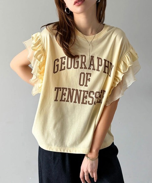 2ly2(トゥーリートゥー)の「フリルスリーブロゴTシャツ レディース カジュアルトップス(Tシャツ/カットソー・レディース・グレー/イエロー/ホワイト・FREE)」の14枚目の写真