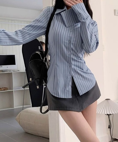 Miniministore(ミニミニストア)の「きれいめ襟付き ストライプ柄 長袖シャツ(シャツ/ブラウス・レディース・ブルーグレー・M/L)」の5枚目の写真
