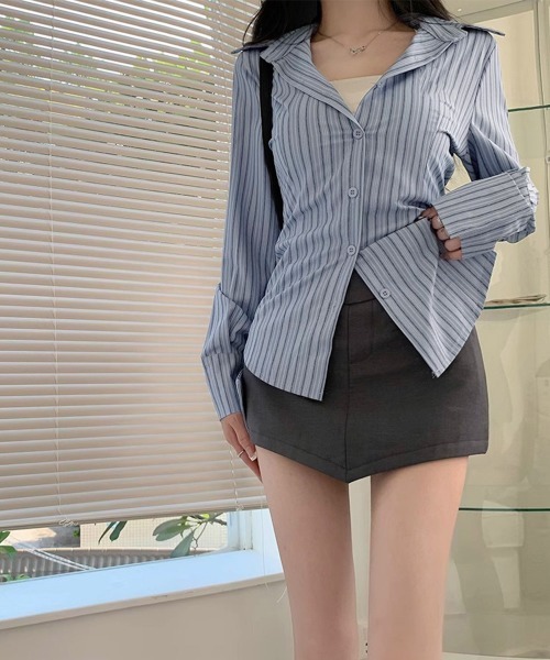 Miniministore(ミニミニストア)の「きれいめ襟付き ストライプ柄 長袖シャツ(シャツ/ブラウス・レディース・ブルーグレー・M/L)」の7枚目の写真