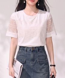 レース切替 クルーネック コットン 半袖Tシャツ