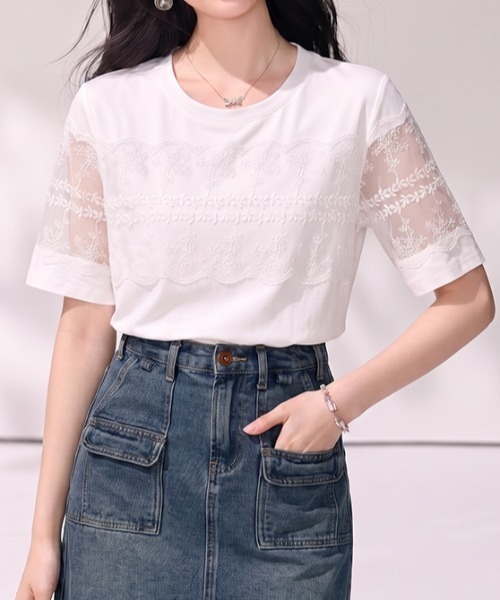 AMAJI（アマジ）の「レース切替 クルーネック コットン 半袖Tシャツ（Tシャツ/カットソー・レディース・ホワイト・SMALL/MEDIUM/LARGE/X-LARGE）」の2枚目の写真