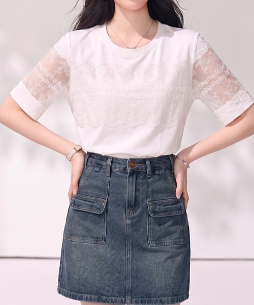 AMAJI（アマジ）の「レース切替 クルーネック コットン 半袖Tシャツ（Tシャツ/カットソー・レディース・ホワイト・SMALL/MEDIUM/LARGE/X-LARGE）」の3枚目の写真