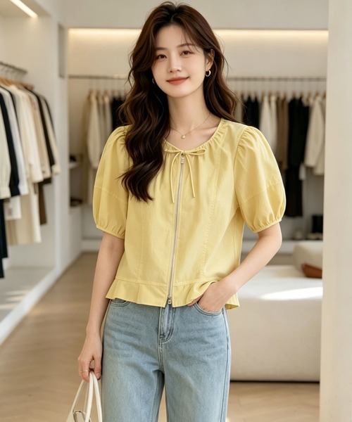 gossip！ロサンゼルス（ゴシップロサンゼルス）の「リボン付きダブルジップパフスリーブブラウス（シャツ/ブラウス・レディース・ライトイエロー/ホワイト・XL/L）」の2枚目の写真