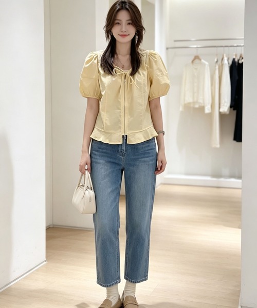 gossip！ロサンゼルス（ゴシップロサンゼルス）の「リボン付きダブルジップパフスリーブブラウス（シャツ/ブラウス・レディース・ライトイエロー/ホワイト・XL/L）」の5枚目の写真