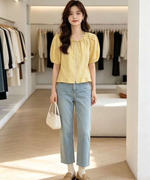 gossip！ロサンゼルス（ゴシップロサンゼルス）の「リボン付きダブルジップパフスリーブブラウス（シャツ/ブラウス・レディース・ライトイエロー/ホワイト・XL/L）」の6枚目の写真
